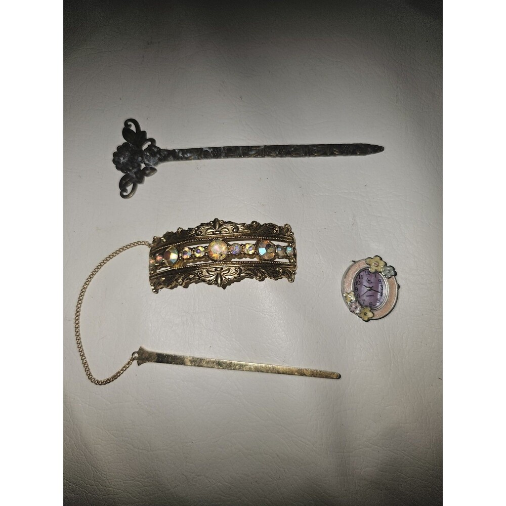 Vintage Gold Tone Hair Lot Rhinestone Barrette Ornate Sticks Floral Watch Face